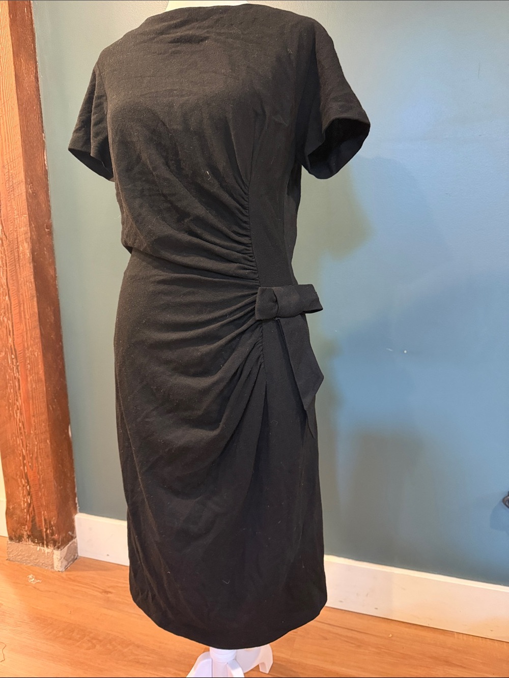 Vintage 1960s Mid-Century Black Wool Bombshell Sheath Dress - Made in France